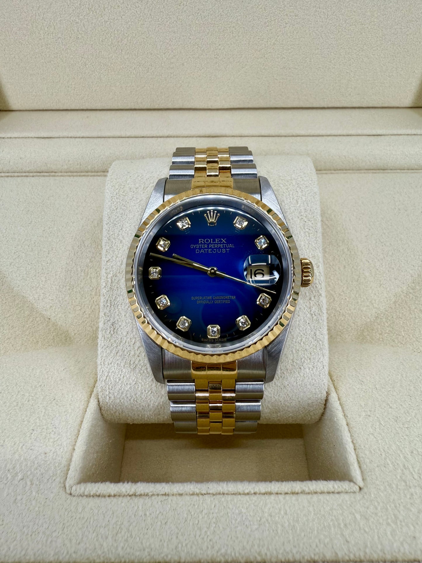 Rolex Datejust 36mm 16233 Blue Vignette Diamond Dial Two-Tone Jubilee Bracelet